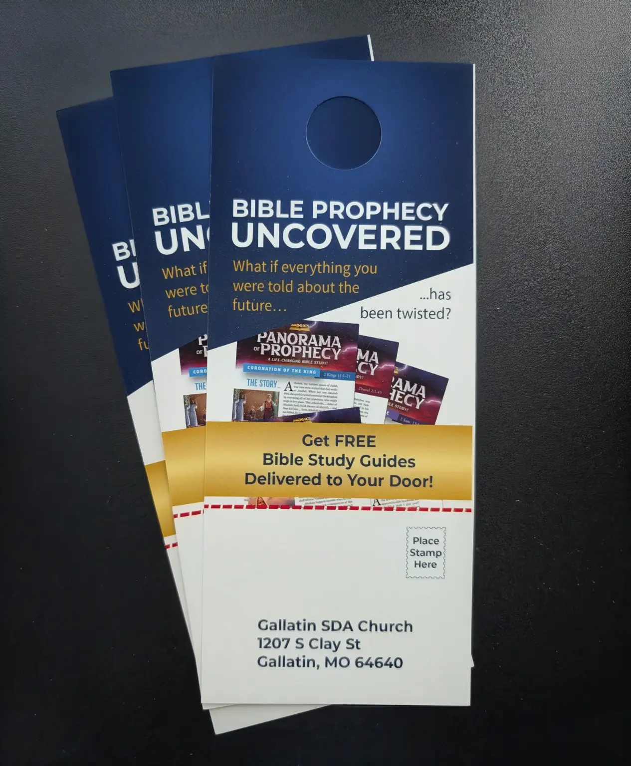 Printed Bible prophecy door hangers for a local church outreach campaign