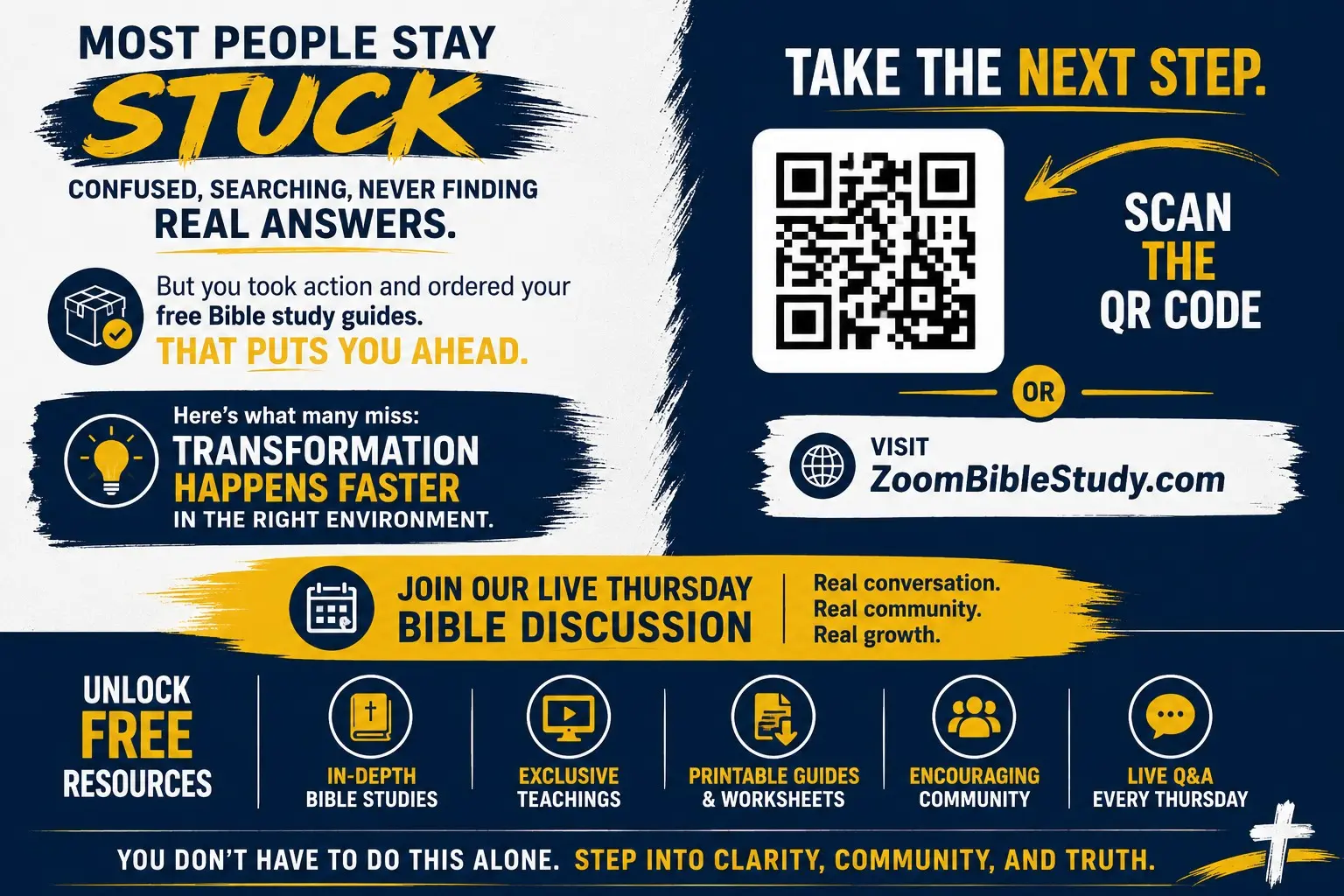 Bible study follow-up resource card with QR code and next steps