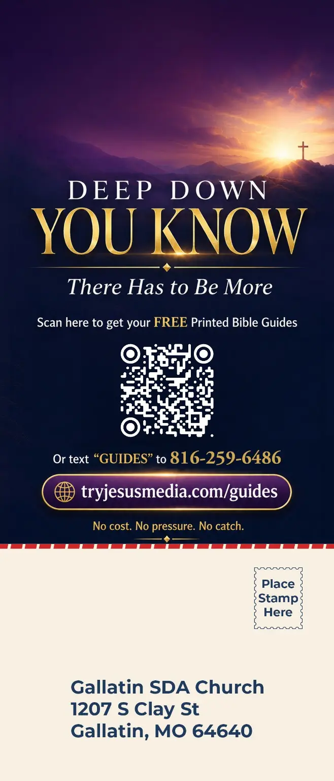 Back of a free Bible study guides direct-mail card with QR code and ministry address